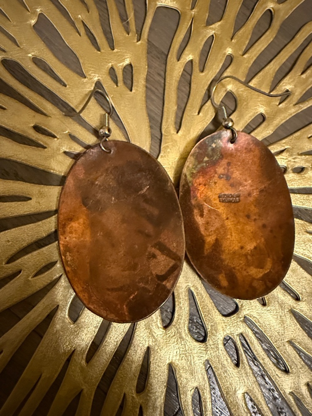 Handcrafted Mexican Copper and Brass Earrings with Abalone Inlay - Picture 7 of 9